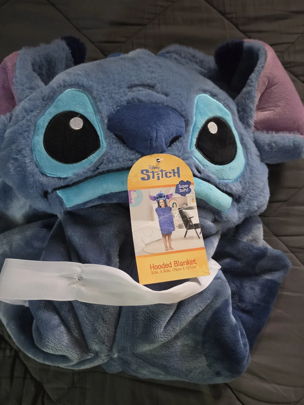 Disney Stitch Hooded Plush Kids Blanket - Blue with Pink Ear Accents